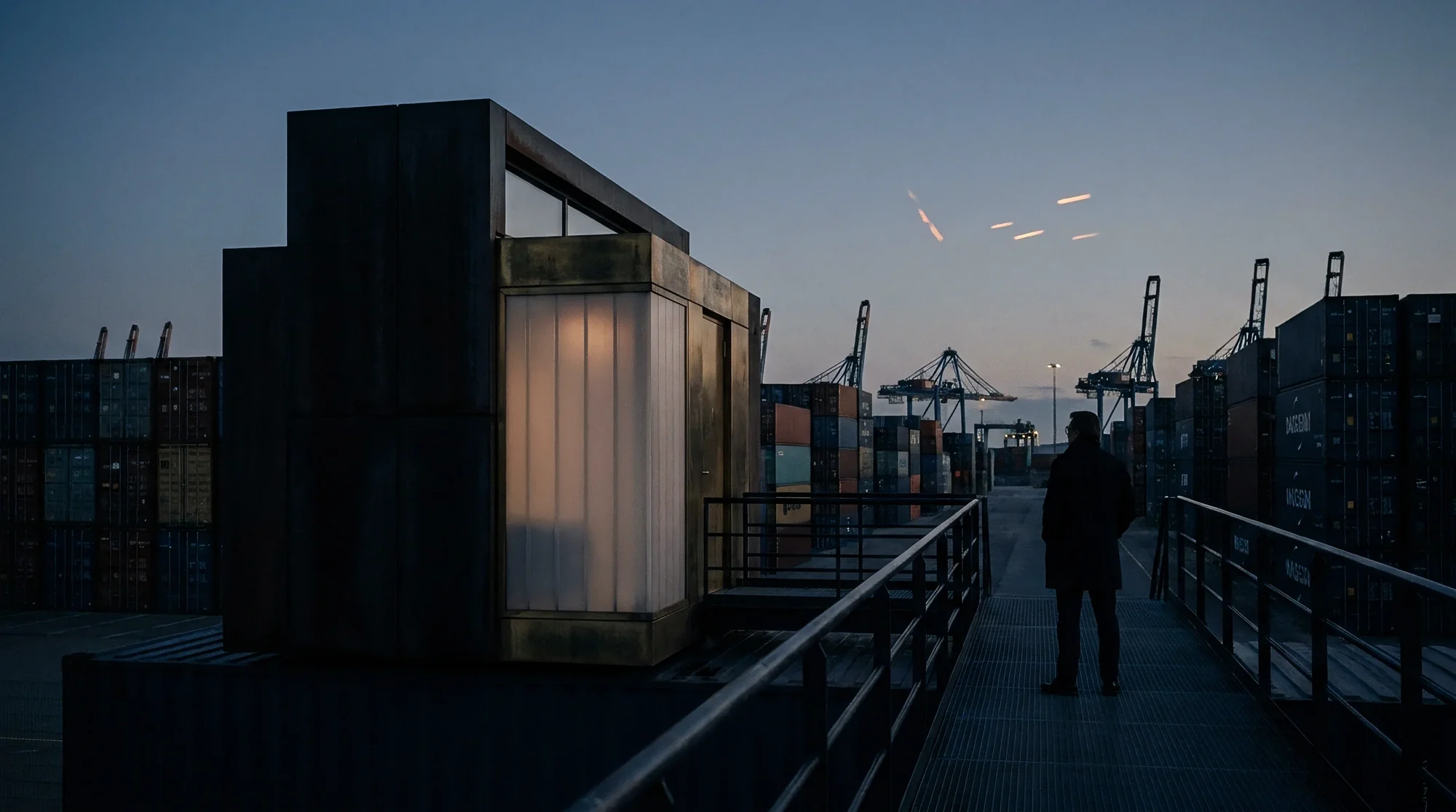 A person walks a raised walkway between stacked shipping containers at a port at dusk, cranes on the horizon; navy tonal render.
