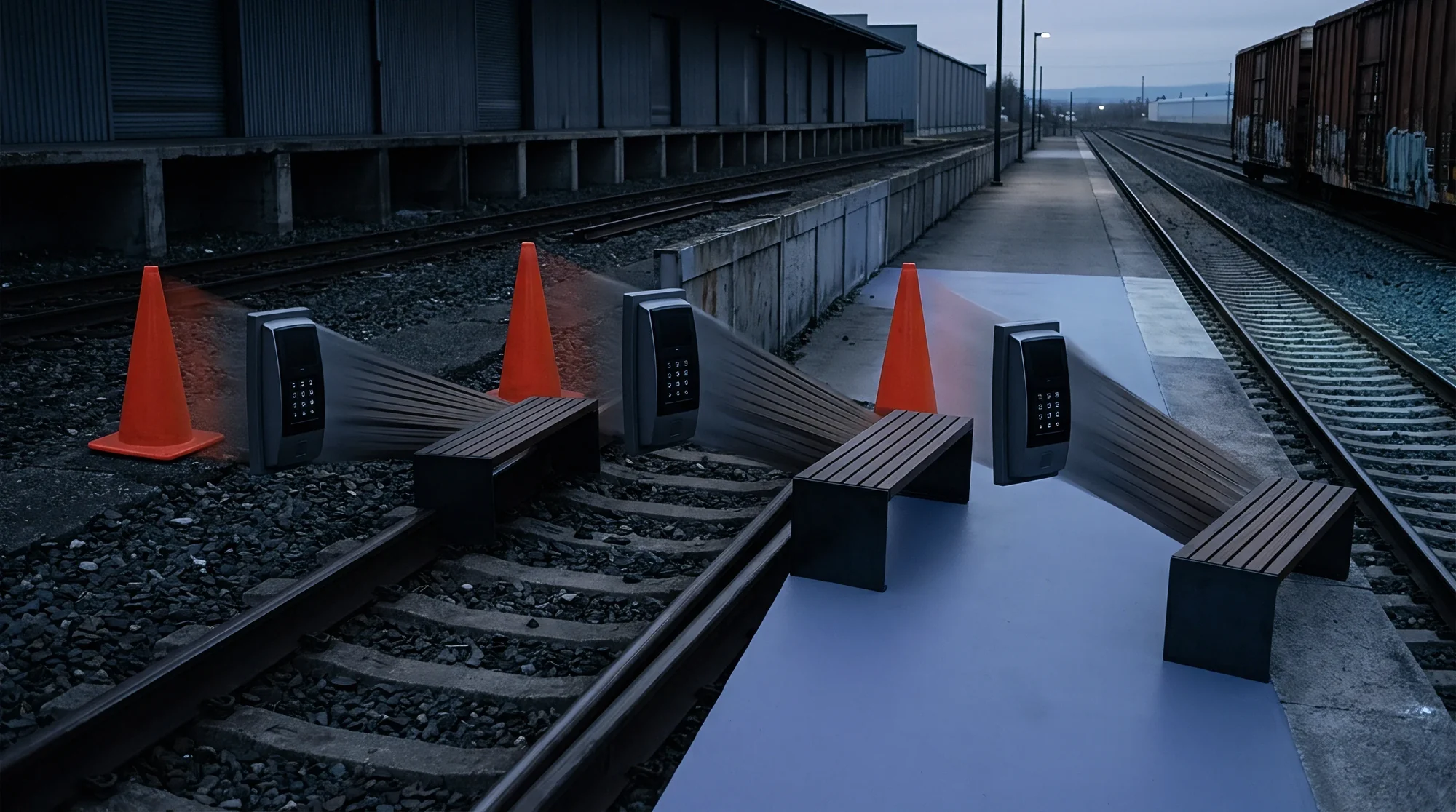 Orange cones along a rail yard at dawn, tracks receding into the distance; navy tonal render.