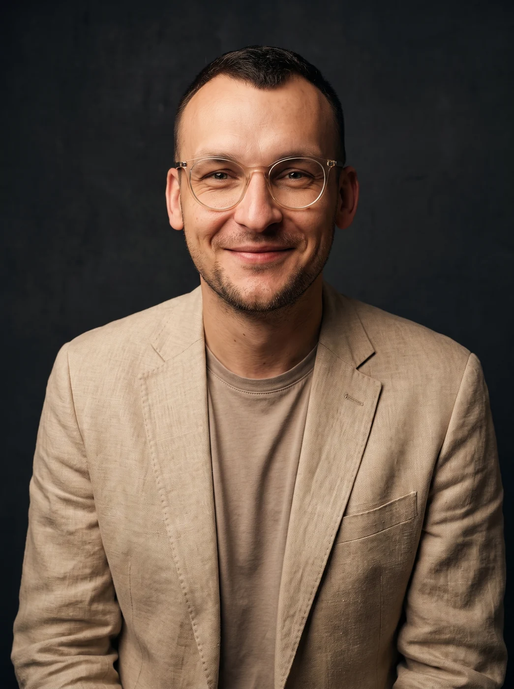 Piotr Zalewski, systems architect of sentiention, in a linen jacket against a dark studio ground.